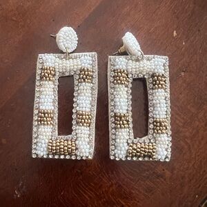 White and Gold Beaded Rectangle Earrings